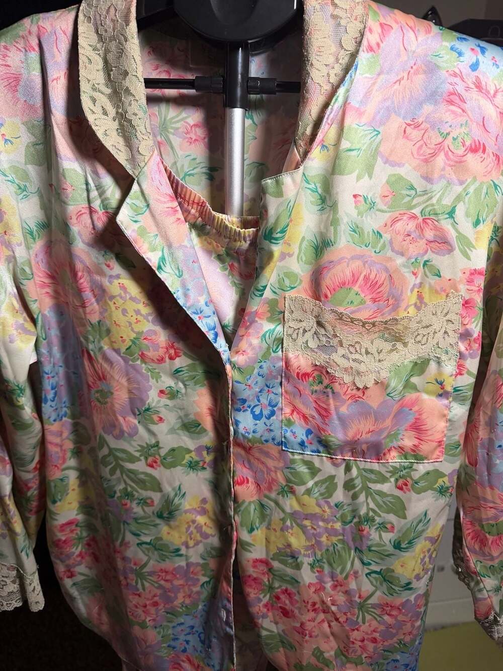 Victoria's Secret Vintage Floral Satin Pajama Set with Lace Trim